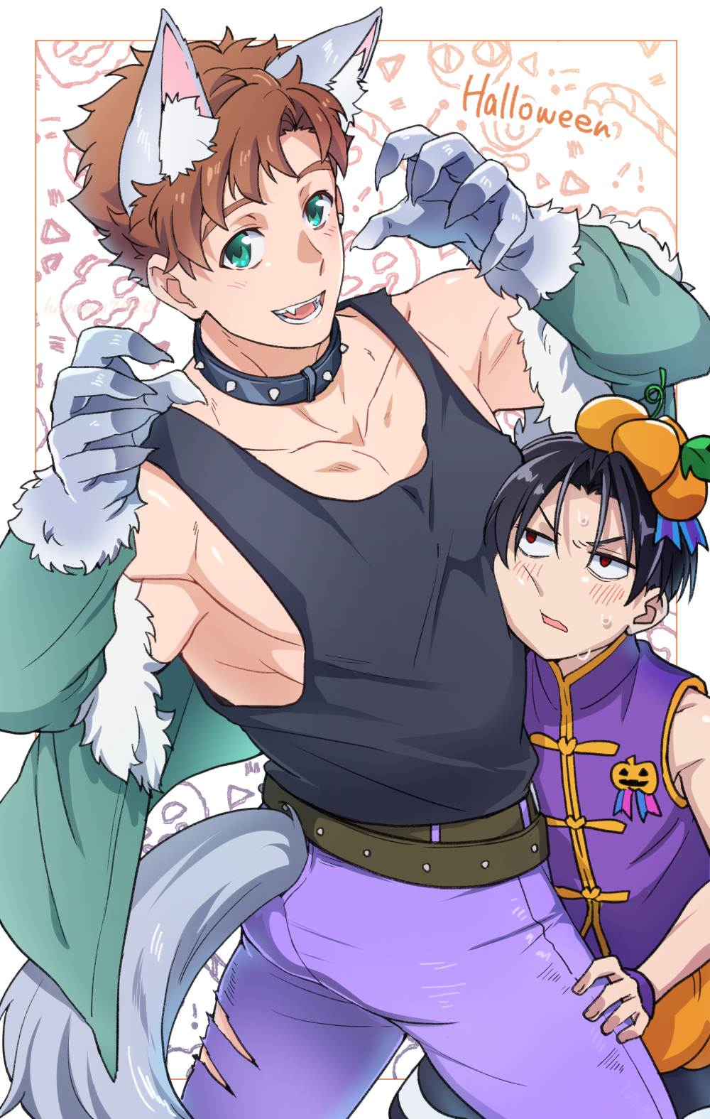 2boys, animal_ears, aqua_coat, armpits, asamine_matakara, belt, black_belt, black_hair