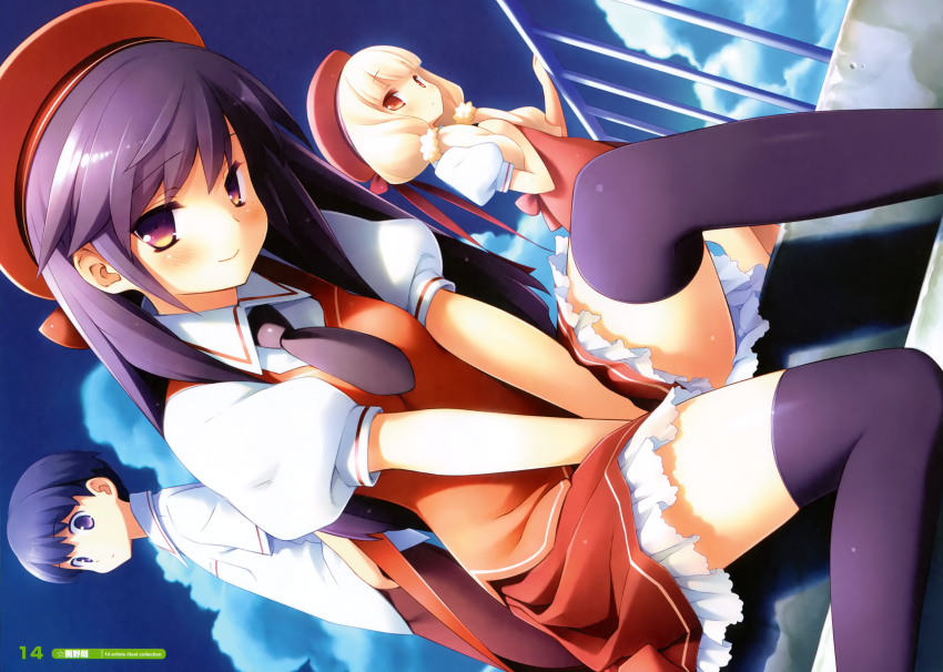 1boy, 2girls, absurdres, between_thighs, black_hair, black_thighhighs, blonde_hair, blush