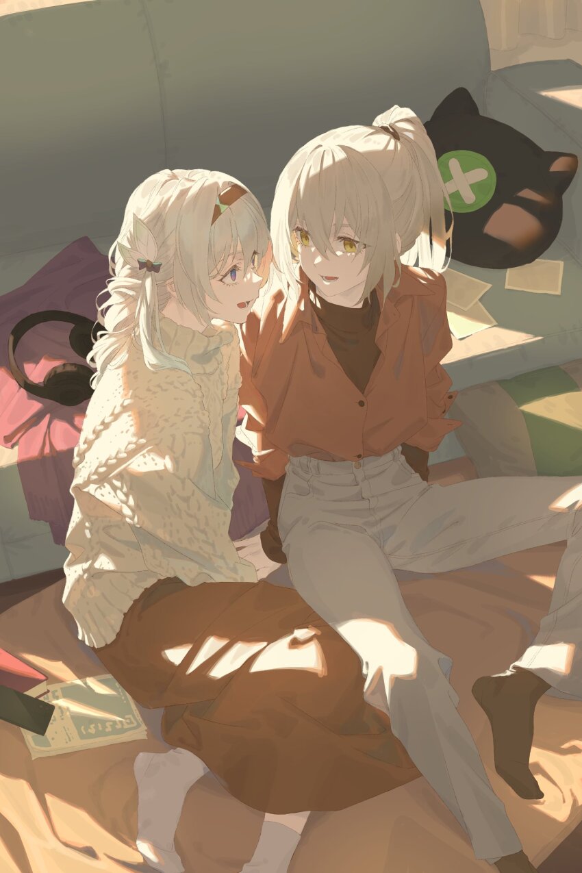 2girls, absurdres, alternate_costume, alternate_hairstyle, amenoki, black_hairband, black_socks, brown_shirt