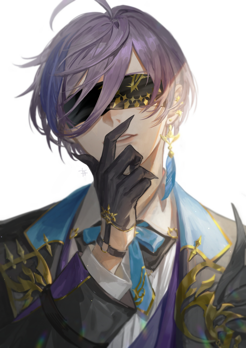 1boy, absurdres, ahoge, black_gloves, black_jacket, blindfold, blue_ribbon, collared_shirt