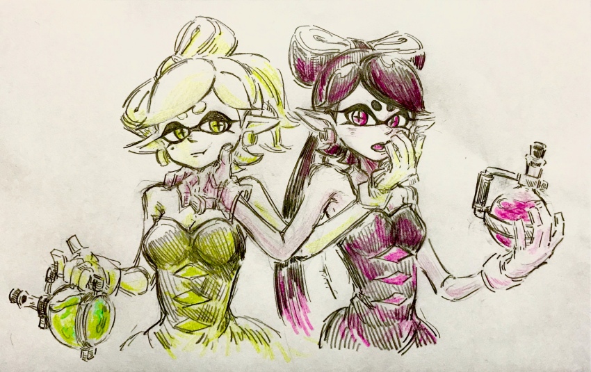 2girls, :t, absurdres, bare_shoulders, bow-shaped_hair, breasts, callie_(splatoon), callie_(squid_sisters_outfit)_(splatoon)