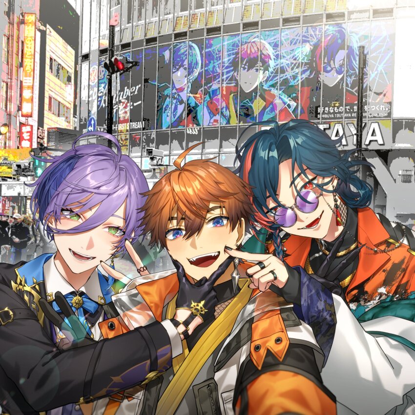 3boys, 3skm_(nijisanji), :d, ahoge, black_gloves, black_jacket, black_nails, black_shirt