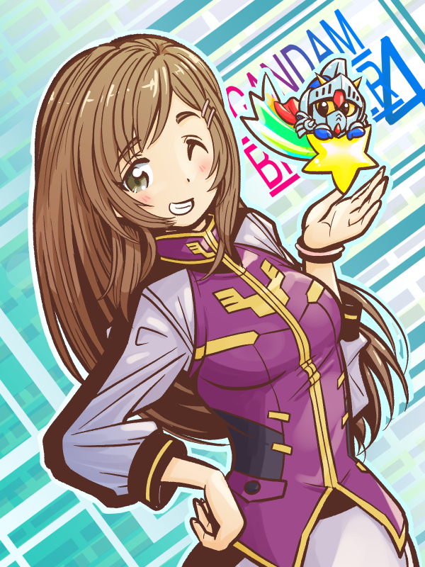 1girl, armor, breasts, brown_hair, cape, gundam, gundam_breaker_4, hair_ornament