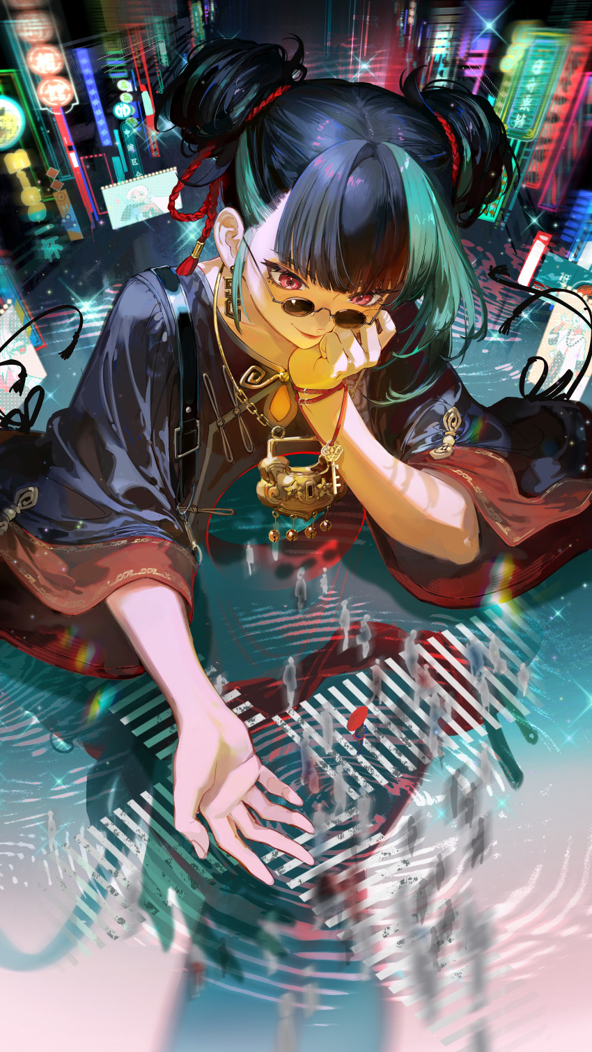 1girl, absurdres, arm_support, black_hair, black_shirt, changmingsuo_(guilongchao), city, cityscape