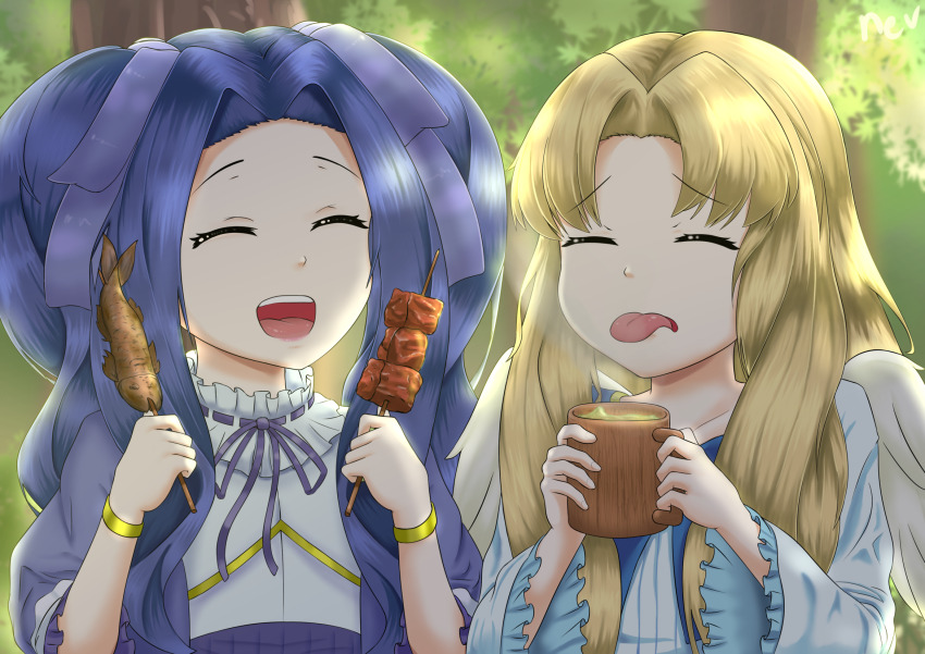 2girls, :d, ^_^, blonde_hair, blue_bow, blue_bowtie, blue_dress, bow