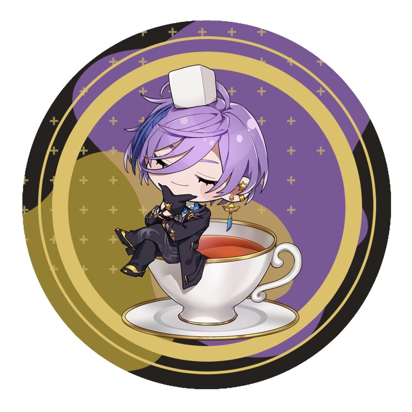 1boy, ahoge, black_background, black_coat, black_gloves, black_pants, black_shoes, blue_ribbon