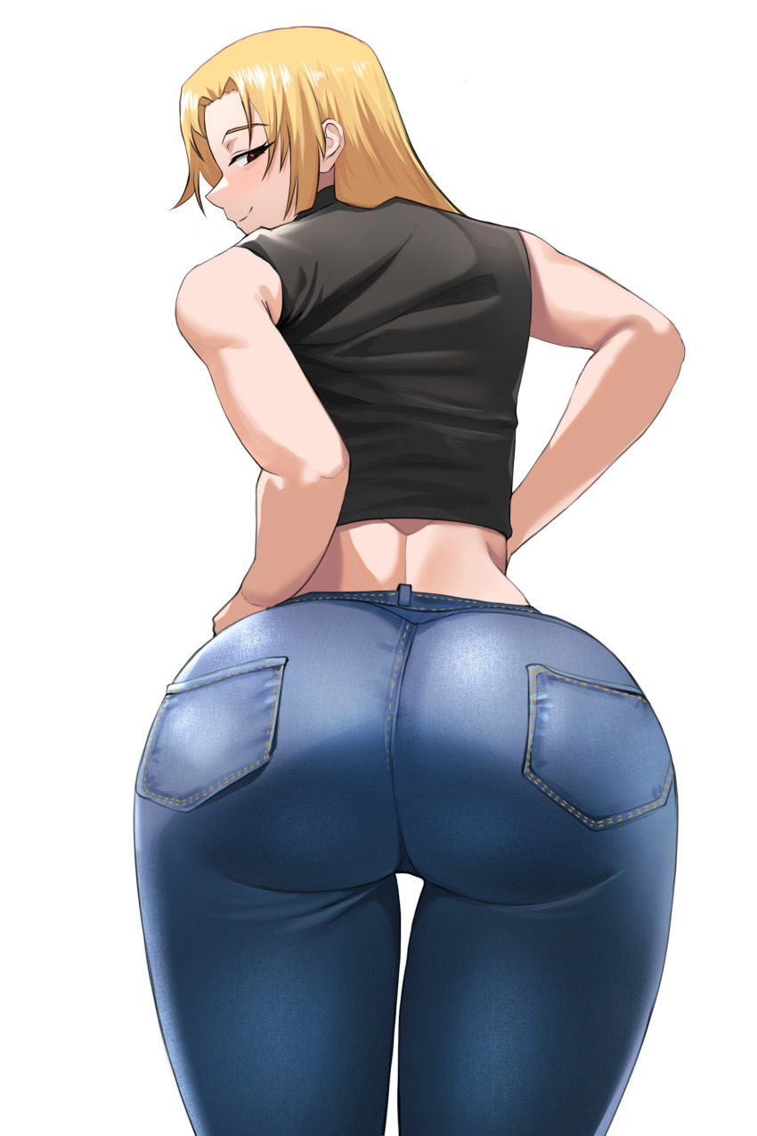 1girl, absurdres, ass, bare_shoulders, bellone, black_shirt, blonde_hair, blue_pants, denim, from_behind, highres, jeans, jujutsu_kaisen, long_hair, looking_at_viewer, looking_back, pants, profile, red_eyes, shirt, simple_background, sleeveless_turtleneck_shirt, smile, solo, tsukumo_yuki_(jujutsu_kaisen), white_background