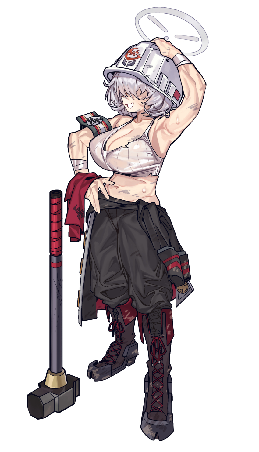 1girl, absurdres, arm_up, armband, armpits, bandaged_wrist, bandages, bare_shoulders