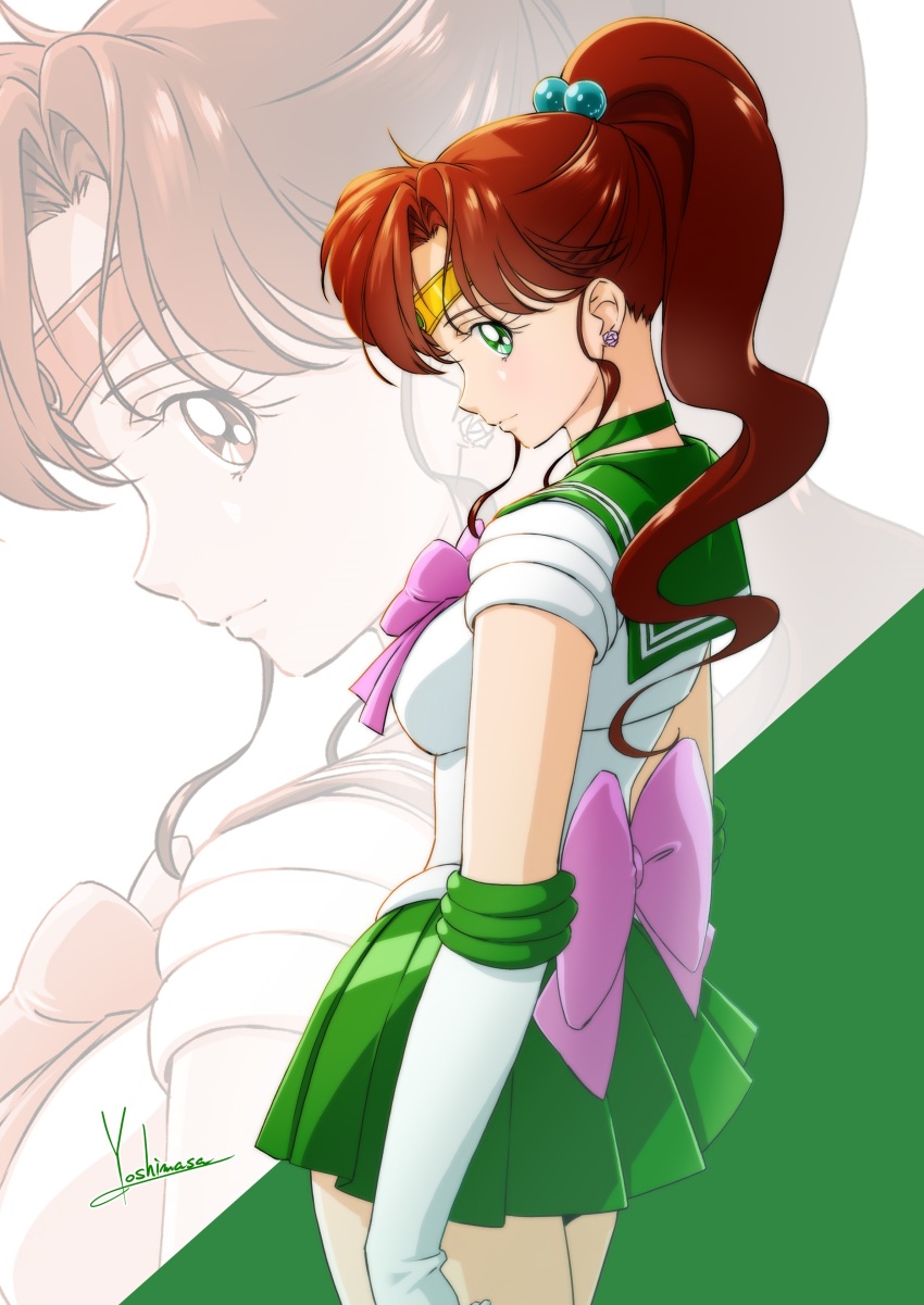 1girl, absurdres, bishoujo_senshi_sailor_moon, breasts, brown_hair, earrings, gloves, green_eyes