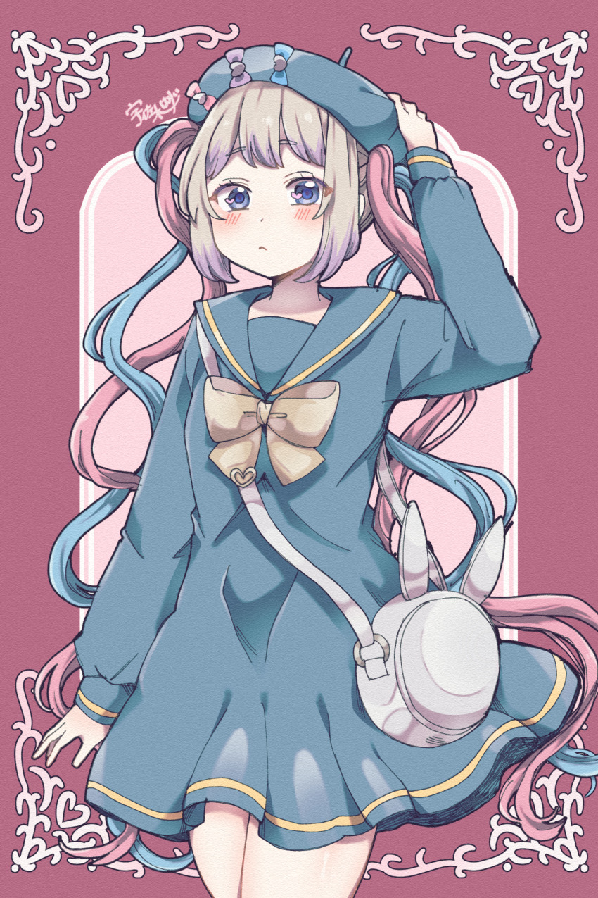 1girl, arm_up, beret, blonde_hair, blue_bow, blue_dress, blue_eyes, blue_hair