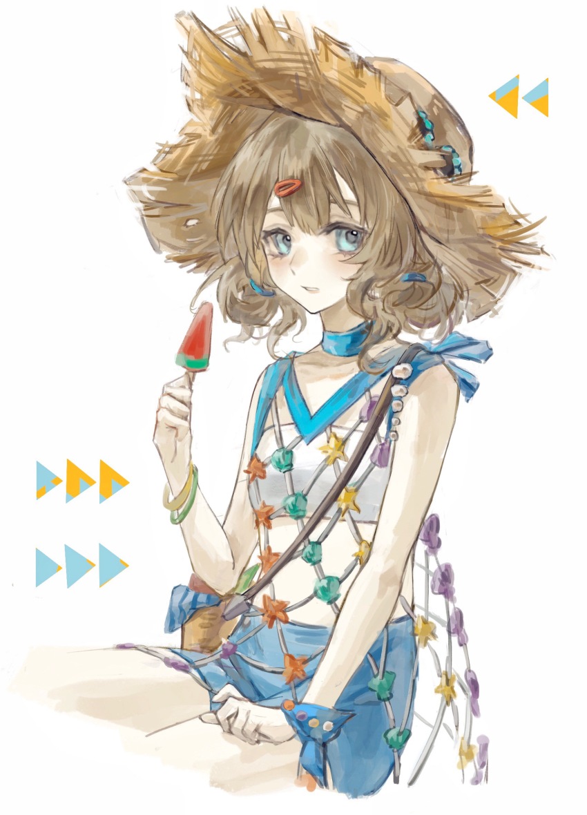 1girl, bag, bare_arms, blonde_hair, blue_choker, blue_eyes, blue_shorts, bracelet