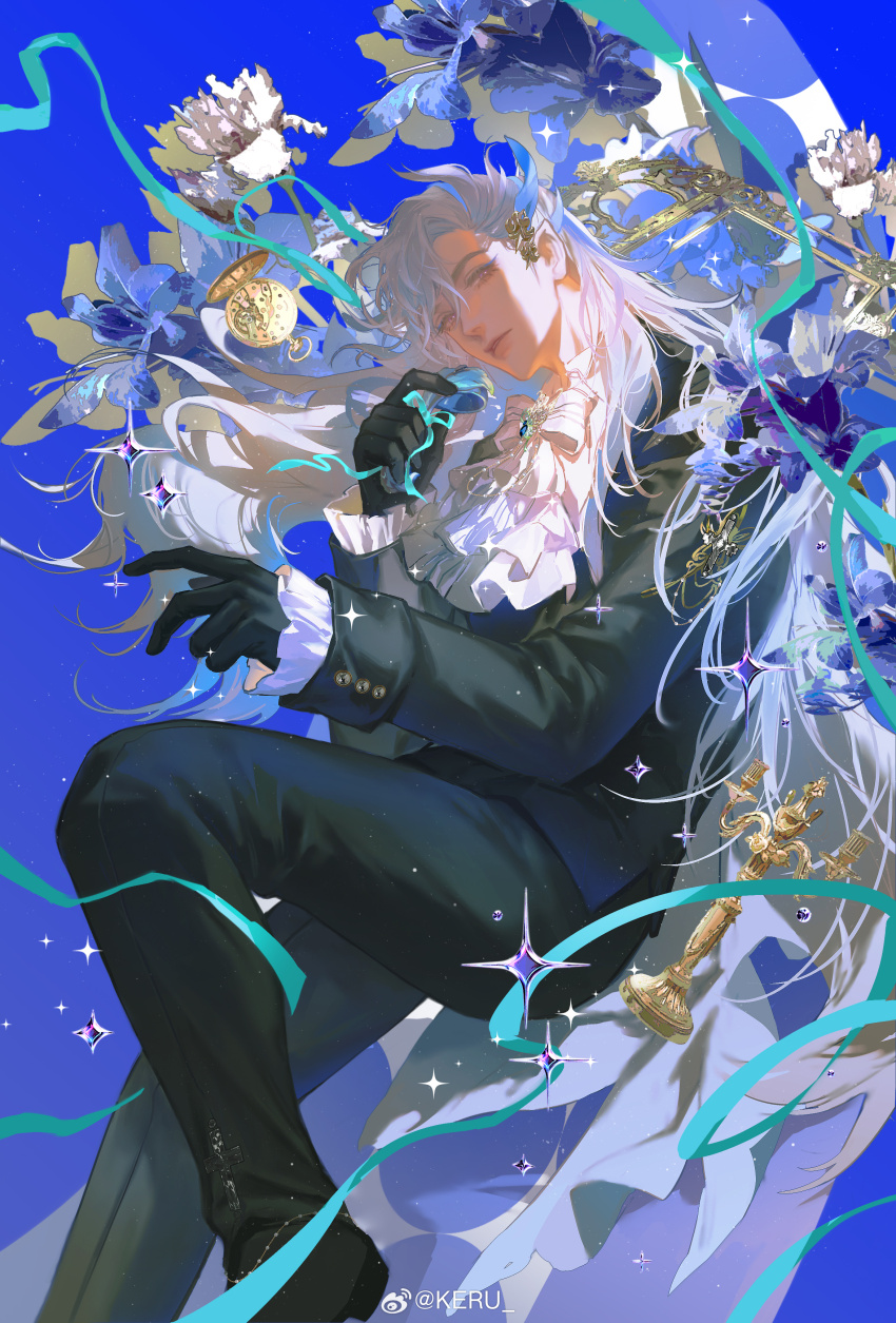 1boy, absurdres, alternate_costume, aqua_ribbon, ascot, asymmetrical_bangs, black_footwear, black_gloves