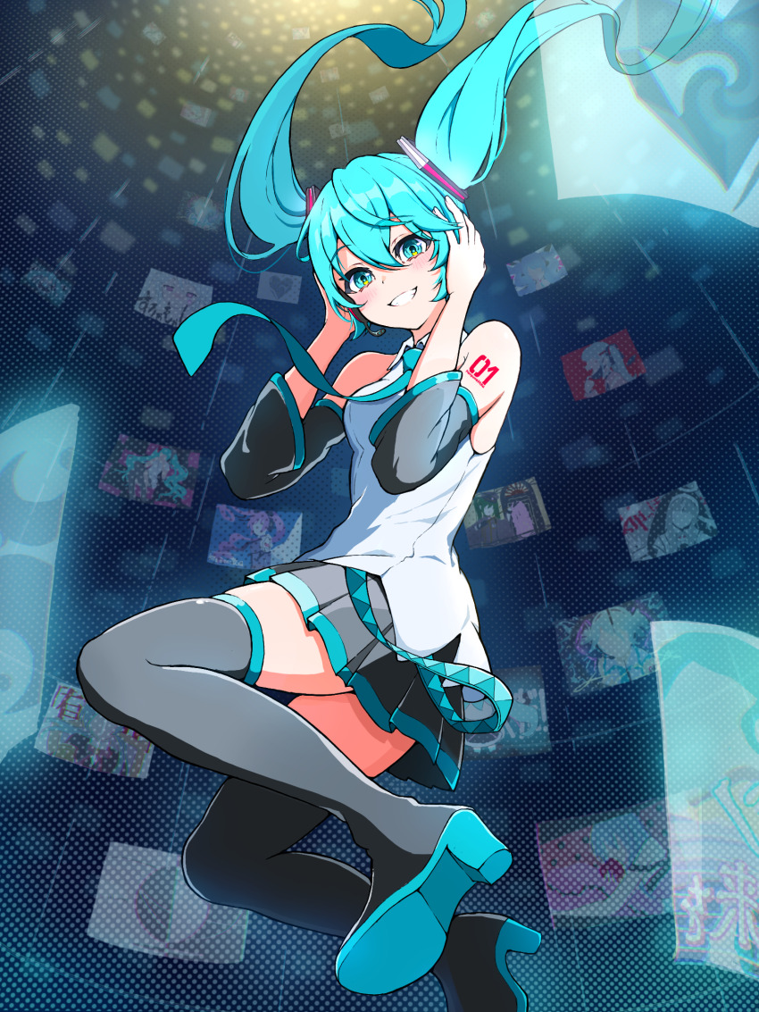 1girl, 39_music_(vocaloid), aqua_eyes, aqua_hair, aqua_necktie, boots, collared_shirt, commentary_request