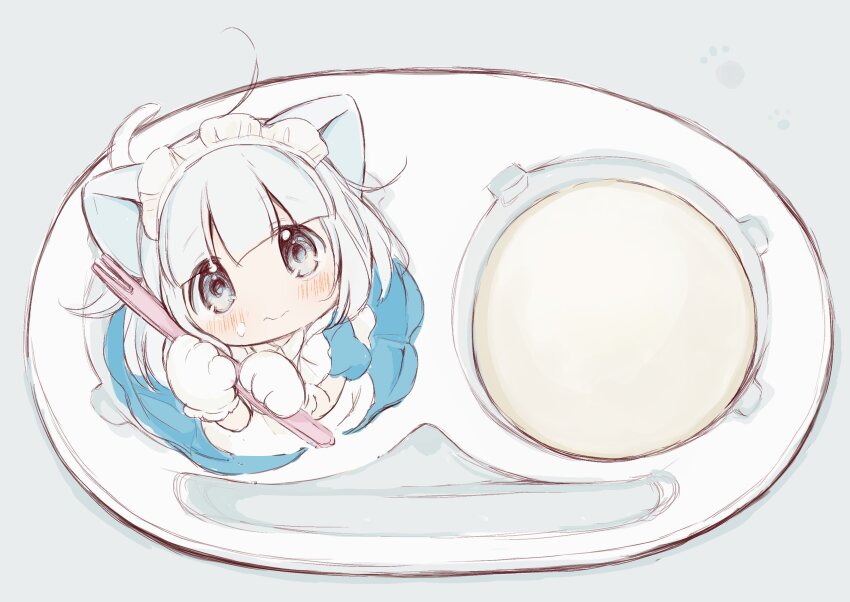 1girl, absurdres, animal_ears, apron, blue_background, blue_dress, blue_eyes, blue_hair