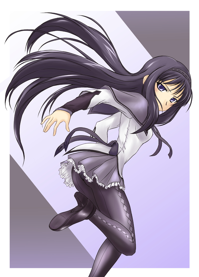 10s, 1girl, akemi_homura, akemi_homura_(magical_girl), argyle_clothes, argyle_pantyhose, ass, black_hair