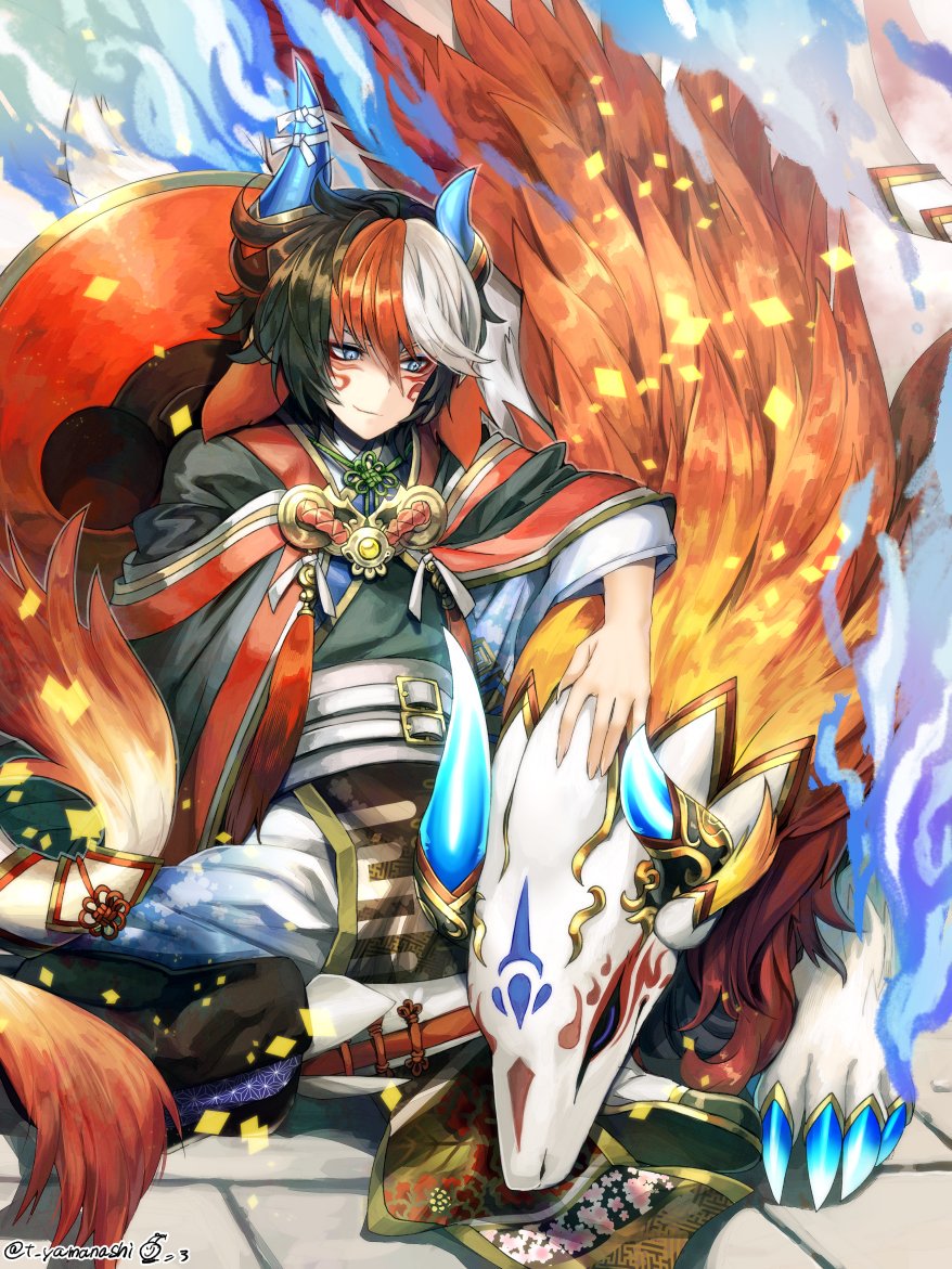 1boy, animal_ears, belt, black_hair, blue_eyes, boots, dragon, dragon_boy