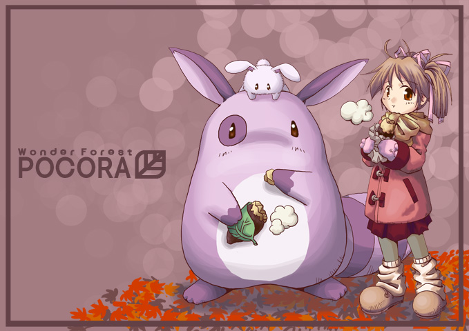 1girl, :t, autumn, autumn_leaves, black_pantyhose, blurry, blush, bokeh, brown_eyes, brown_footwear, coat, commentary_request, copocola_(creature), cowlick, creature, depth_of_field, duffel_coat, eating, food, full_body, fushigi_na_mori_no_pokora, hair_ribbon, holding, holding_food, inset_border, kitsune_nakata_taruto, leaf, leg_warmers, legs_apart, light_brown_hair, looking_at_viewer, maple_leaf, mittens, natsumi_(fushigi_na_mori_no_pokora), pantyhose, pink_mittens, pink_ribbon, pokora_(creature), raccoon_tail, red_coat, red_skirt, ribbon, roasted_sweet_potato, scarf, short_twintails, skirt, standing, steam, sweet_potato, tail, twintails, yellow_scarf