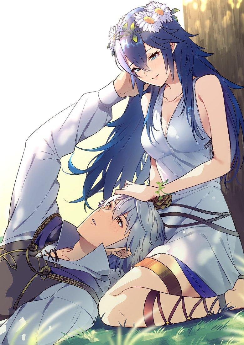 1boy, 1girl, against_tree, ameno_(a_meno0), bare_arms, breasts, brown_eyes, caress