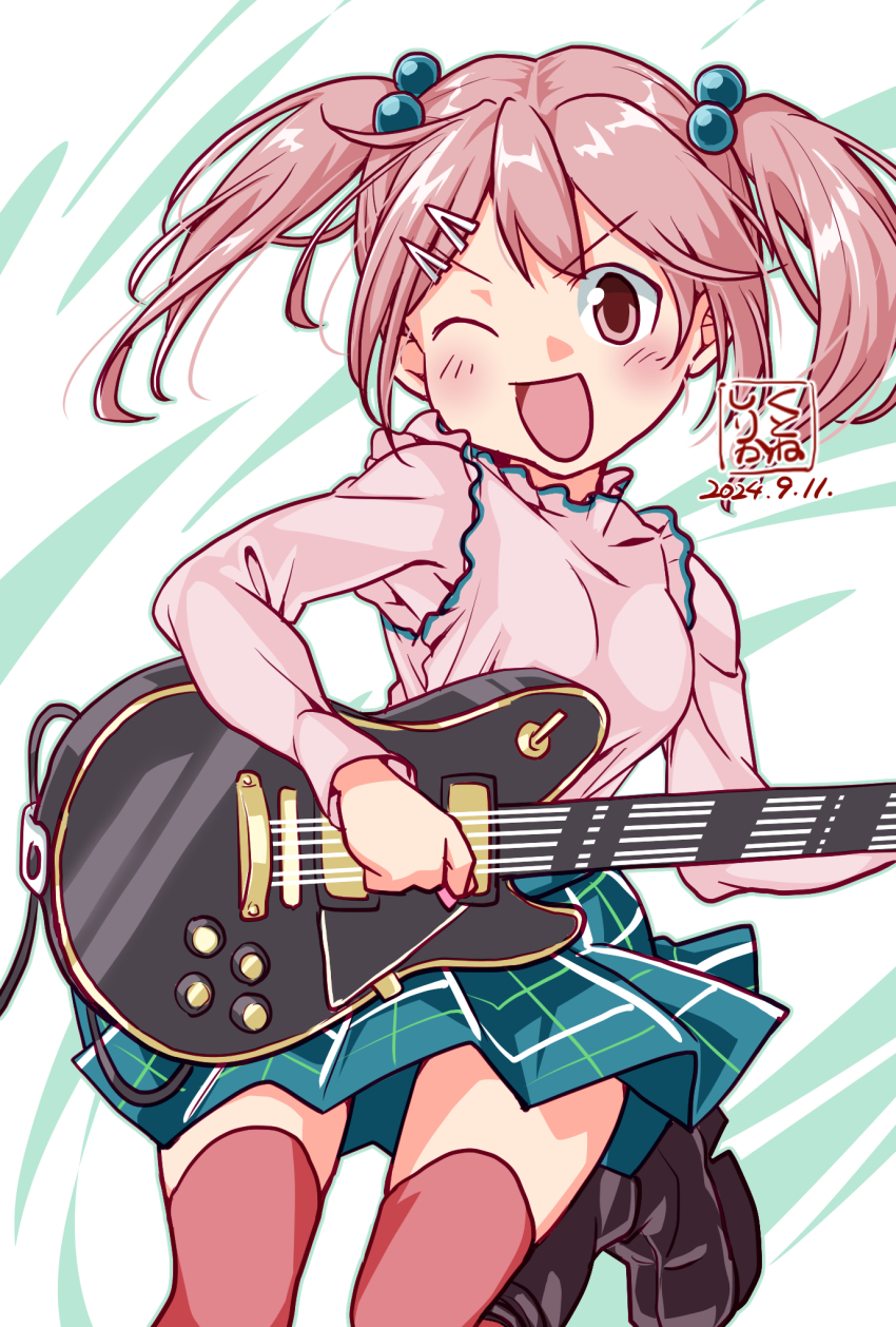 1girl, artist_logo, black_footwear, commentary_request, cowboy_shot, dated, electric_guitar, frilled_shirt