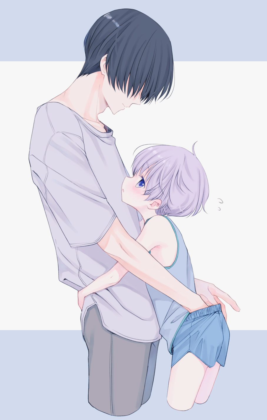 2boys, age_difference, arms_around_another's_waist, black_hair, blue_male_underwear, blush, boxers, cropped_legs