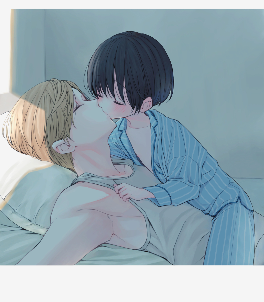 2boys, age_difference, black_hair, blonde_hair, blue_pajamas, blush, letterboxed, lying