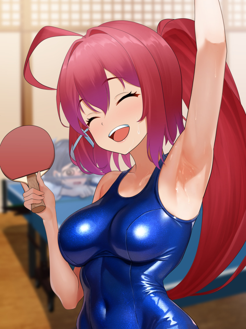 2girls, ahoge, armpits, blush, breasts, closed_eyes, dorachan_r, hair_ornament