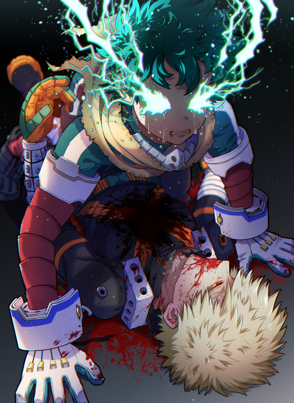 2boys, all_fours, arm_support, bakugou_katsuki, bandaged_arm, bandages, belt, black_footwear
