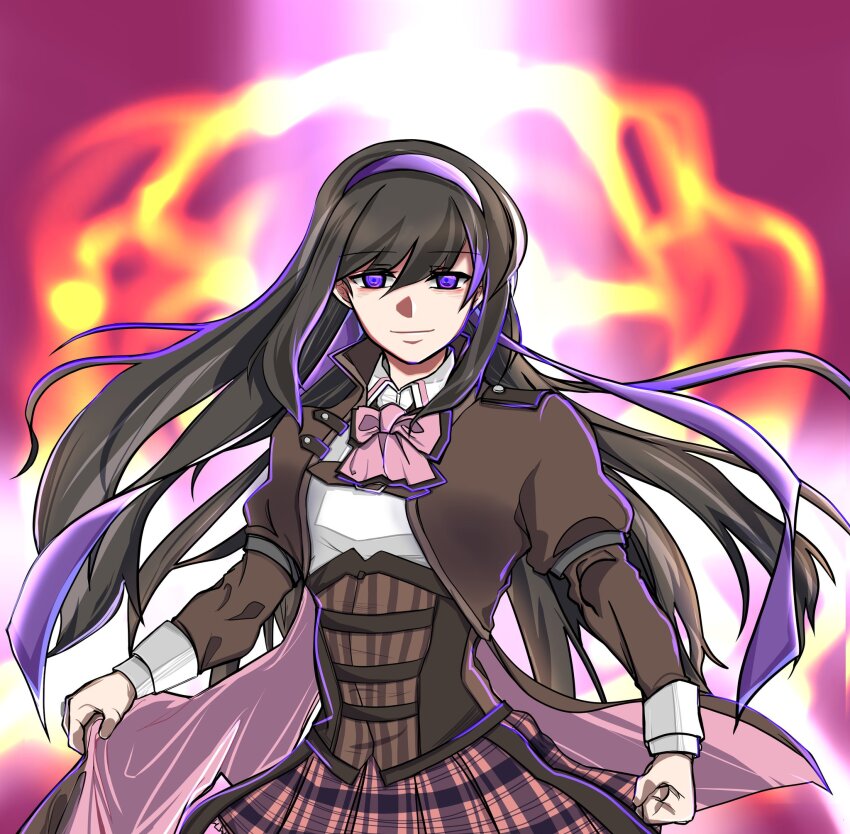 1girl, assault_lily, black_hair, blurry, blurry_background, bow, bowtie, brown_jacket