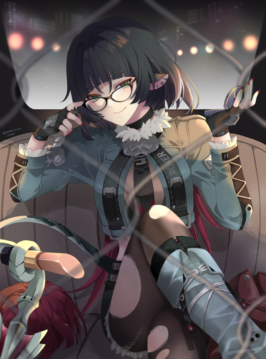 1girl, animal_ears, black_gloves, black_hair, black_shorts, blunt_bangs, closed_mouth, crossed_legs