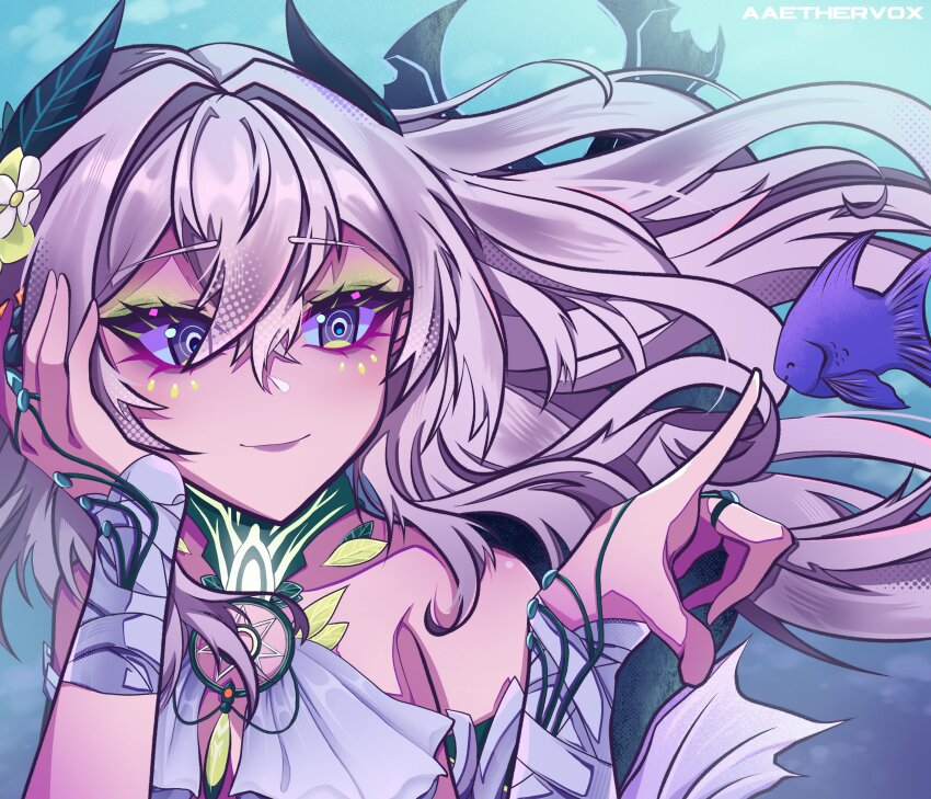 1girl, aaethervox, absurdres, closed_mouth, fish, flower, grey_hair, hair_between_eyes, hair_flower, hair_ornament, hand_on_own_face, highres, jewelry, leaf_hair_ornament, mermaid, monster_girl, official_alternate_costume, punishing:_gray_raven, ringed_eyes, solo, underwater