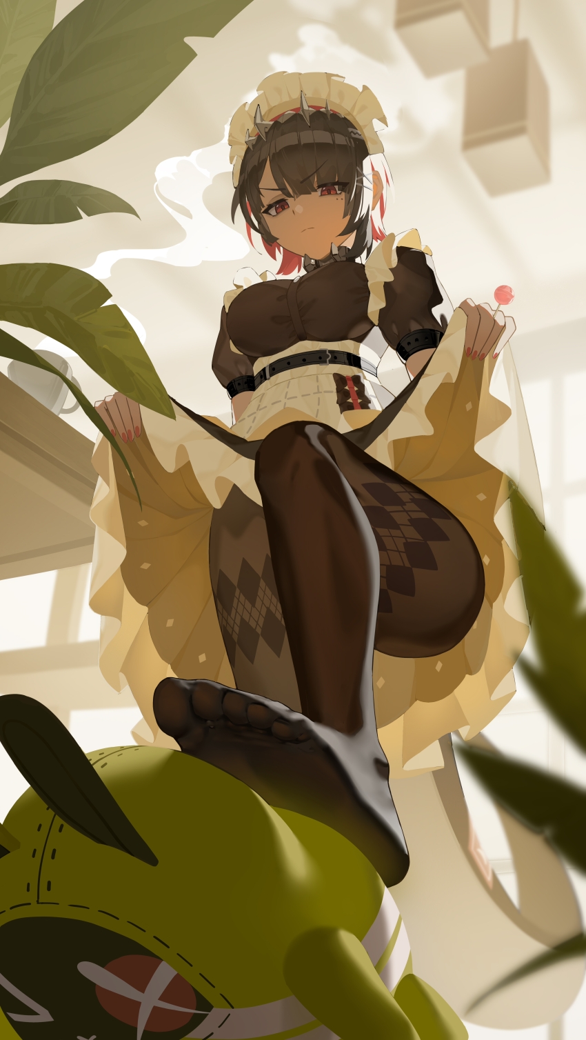 1girl, absurdres, black_dress, black_hair, black_pantyhose, candy, colored_inner_hair, dress