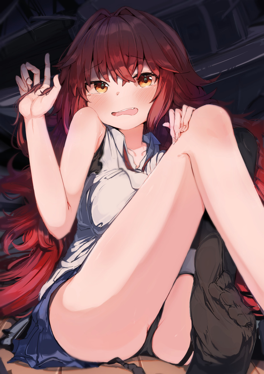 1girl, absurdres, black_panties, blue_skirt, blush, collarbone, garter_straps, hand_on_own_leg