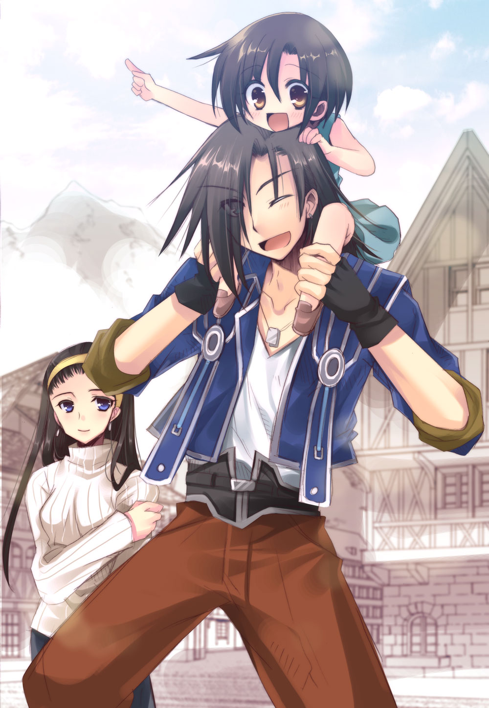 1990s_(style), 1boy, 2girls, black_hair, brown_eyes, brown_hair, child, earrings