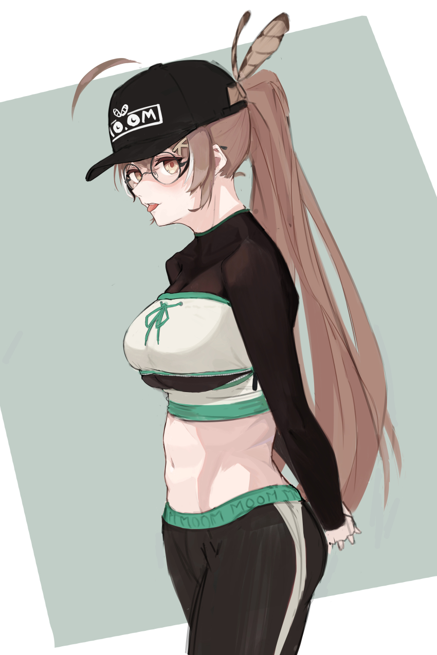 1girl, absurdres, ahoge, arms_behind_back, baseball_cap, black_hair, black_pants, breasts, brown_eyes, brown_hair, clothing_cutout, commentary, feather_hair_ornament, feathers, glasses, hair_ornament, hairclip, hat, high_ponytail, highres, hololive, hololive_english, huge_ahoge, large_breasts, long_hair, long_sleeves, looking_at_viewer, multicolored_hair, nanashi_mumei, navel, pants, ploovy, ponytail, round_eyewear, sidelocks, solo, standing, streaked_hair, sweatpants, tongue, tongue_out, underboob_cutout, very_long_hair, virtual_youtuber, white_hair, zipper