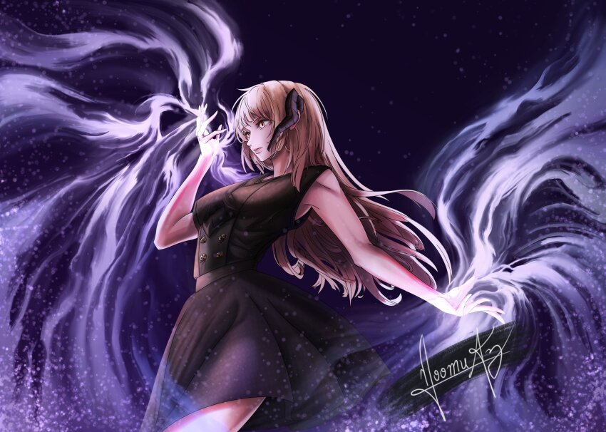 1girl, black_dress, blonde_hair, closed_mouth, collared_dress, dragon_horns, dress, female_focus