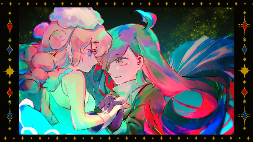 1boy, 1girl, ahoge, aqua_dress, black_gloves, blue_eyes, border, breasts