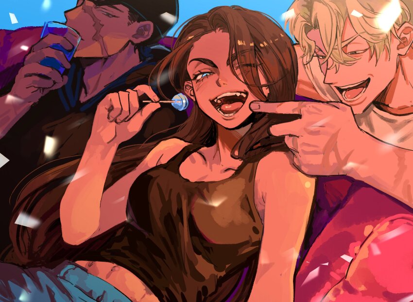 1girl, 2boys, alien_stage, birthday, black_tank_top, breasts, brown_hair, candy, dark-skinned_female, dark_skin, eyes_visible_through_hair, food, hair_over_one_eye, highres, holding, holding_candy, holding_food, holding_lollipop, hyuna_(alien_stage), isaac_(alien_stage), lollipop, long_hair, luka_(alien_stage), midriff_peek, mkz427, multiple_boys, one_eye_closed, open_mouth, scar, scar_on_face, short_hair, tank_top