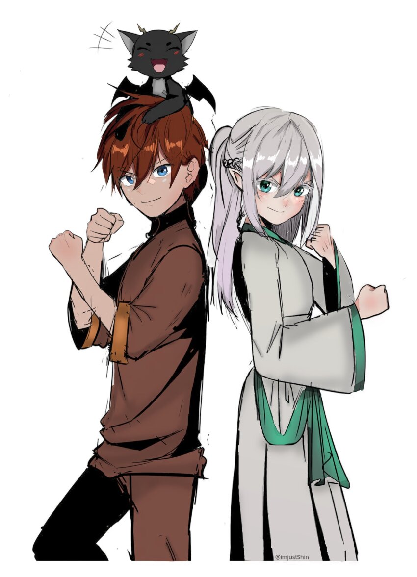 1boy, 1girl, arthur_leywin, blue_eyes, blush, brown_pants, brown_shirt, child, closed_mouth, dragon, dress, green_hair, green_ribbon, hands_up, highres, long_hair, looking_at_viewer, medium_hair, pants, pointy_ears, ponytail, red_hair, ribbon, shirt, simple_background, smile, sylvie_indrath, tessia_eralith, the_beginning_after_the_end, very_long_hair, white_background, white_dress, white_hair