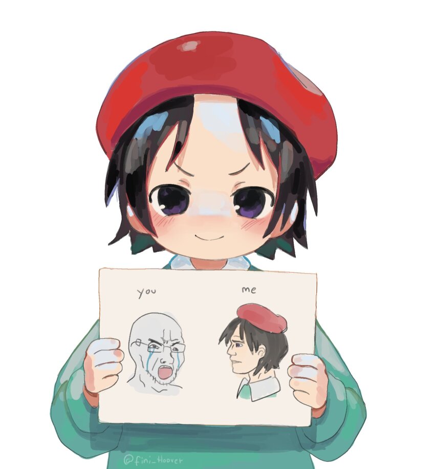 1girl, adeleine, beret, black_eyes, black_hair, commentary, drawing_(object), english_commentary