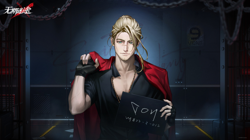 1boy, absurdres, against_wall, beard_stubble, black_gloves, black_shirt, blonde_hair, blue_eyes