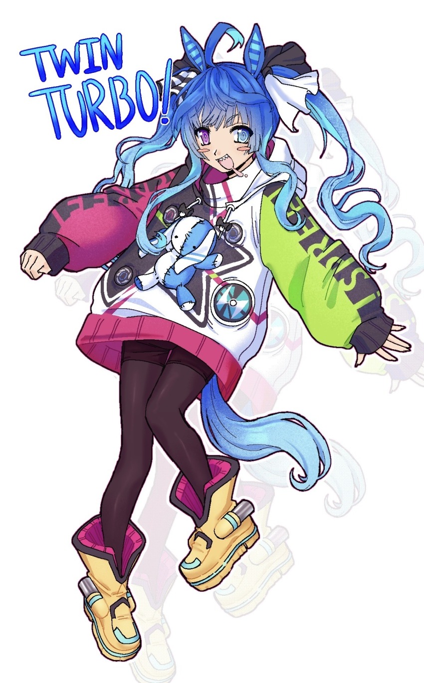 1girl, 2000s_(style), @_@, ahoge, animal_ears, blue_eyes, blue_hair, boots, character_name, commentary, crossed_bangs, drawstring, english_commentary, english_text, full_body, heterochromia, highres, hood, hoodie, horse_ears, horse_girl, horse_tail, long_hair, long_sleeves, luc143r, multicolored_hair, multicolored_hoodie, open_mouth, purple_eyes, sharp_teeth, sidelocks, simple_background, smile, solo, stuffed_animal, stuffed_rabbit, stuffed_toy, tail, teeth, twin_turbo_(blast_mode!_turbo_engine)_(umamusume), twin_turbo_(umamusume), twintails, umamusume, white_background, yellow_boots, zoom_layer