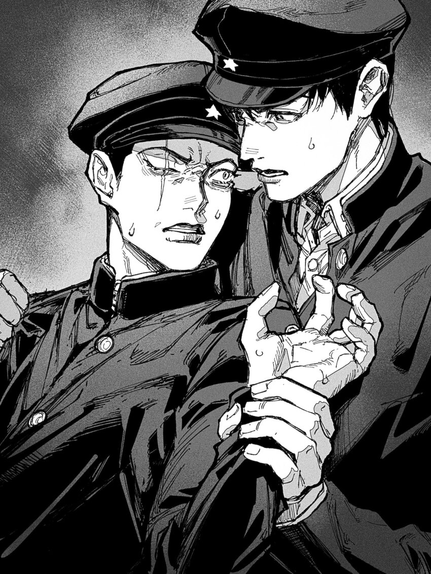 2boys, arm_up, black_hair, black_hat, buttons, claw_pose, collared_jacket, collared_shirt