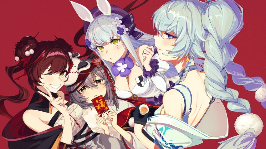 4girls, absurdres, animal_ears, blue_eyes, blue_hair, braid, braided_twintails, breasts