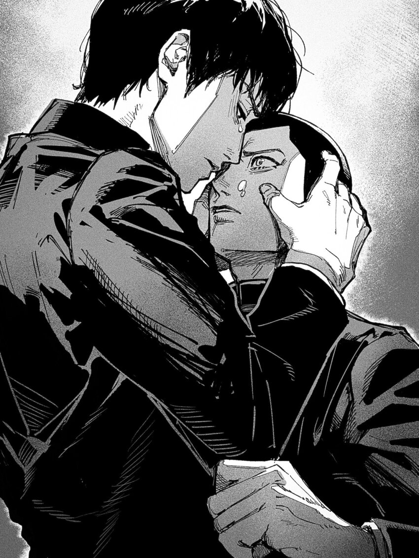 2boys, black_hair, black_jacket, clothes_grab, collared_jacket, couple, crying, eye_contact, gakuran, gradient_background, hair_between_eyes, hands_on_another's_face, highres, jacket, layered_sleeves, litchi_hikari_club, long_sleeves, looking_at_another, male_focus, multiple_boys, niko_(litchi_hikari_club), ohji130, partially_shaded_face, school_uniform, short_hair, tamiya_hiroshi, tears, upper_body, very_short_hair, yaoi