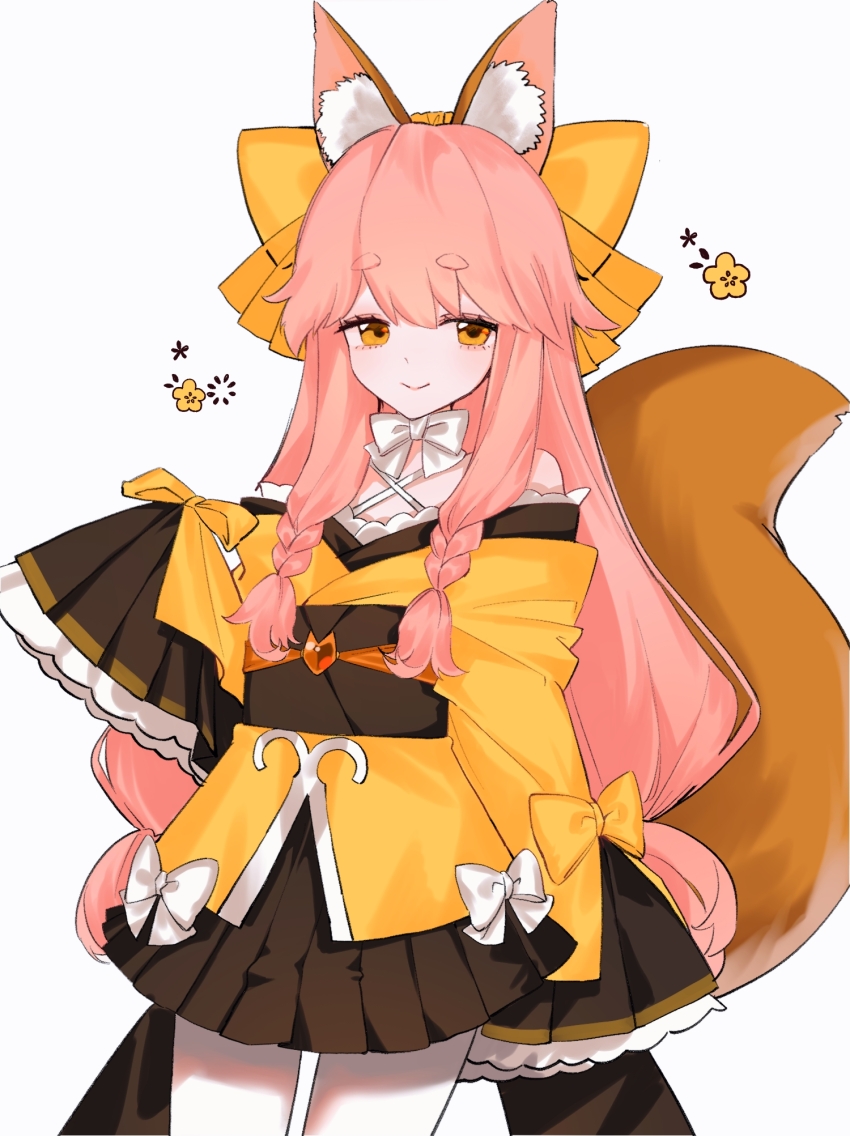 1girl, animal_ear_fluff, animal_ears, bare_shoulders, bow, braid, braided_sidelock, commentary_request