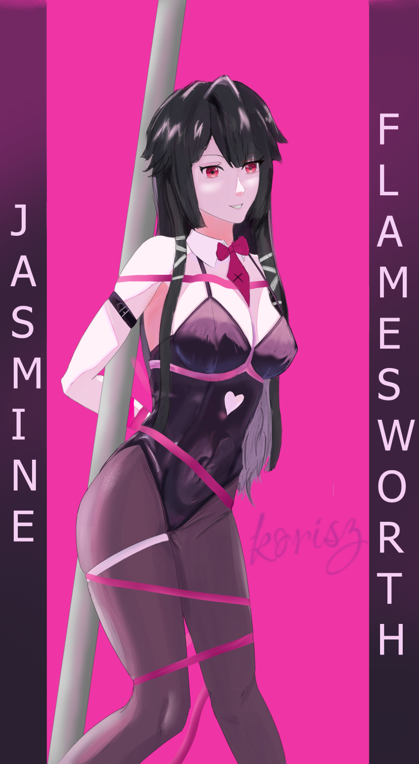 1girl, absurdres, bellybutton_visible_through_clothes, black_hair, black_pantyhose, bound, bound_arms, bound_legs