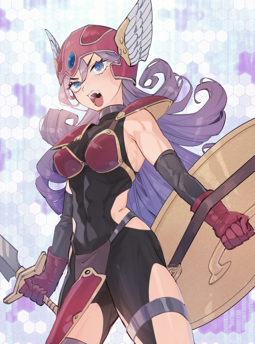 1girl, adapted_costume, ajpp6, armor, bikini_armor, binary, black_bodysuit, blue_eyes, bodysuit, breasts, clothing_cutout, commentary_request, covered_abs, covered_navel, cowboy_shot, detached_sleeves, dragon_quest, dragon_quest_iii, fang, floating_hair, gloves, helmet, highres, holding, holding_shield, holding_sword, holding_weapon, honeycomb_(pattern), honeycomb_background, light_blush, long_hair, medium_breasts, muscular, muscular_female, open_mouth, pauldrons, pelvic_curtain, purple_hair, red_armor, red_gloves, red_helmet, shield, shoulder_armor, side_cutout, sleeveless, sleeveless_bodysuit, warrior_(dq3), solo, standing, sword, tight_clothes, v-shaped_eyebrows, weapon, winged_helmet