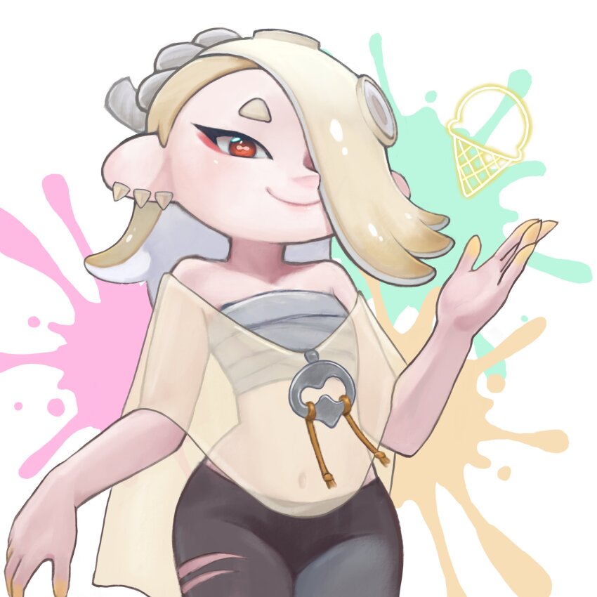 1girl, asymmetrical_hair, bare_shoulders, blonde_hair, cephalopod_eyes, chest_sarashi, closed_mouth, cowboy_shot