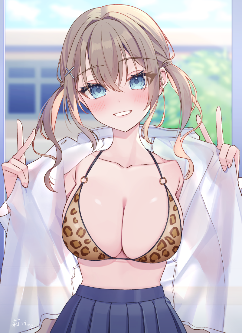 1girl, armpit_crease, bikini, bikini_top_only, blonde_hair, blue_eyes, blue_skirt, blurry