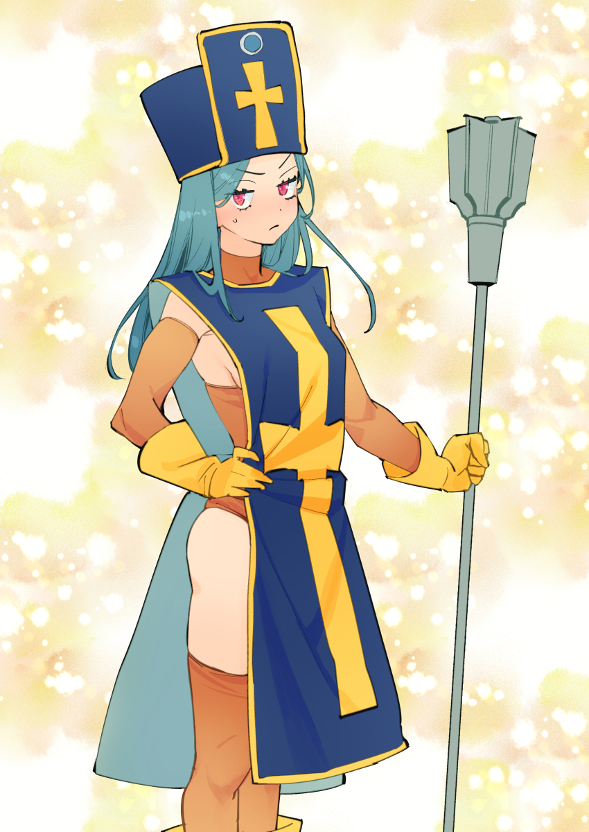 1girl, absurdres, ajpp6, blue_hair, blue_hat, blush, breasts, closed_mouth, commentary_request, cross, cross_print, detached_sleeves, dragon_quest, dragon_quest_iii, gloves, hand_on_own_hip, hat, highres, holding, holding_staff, light_frown, long_hair, mitre, orange_sleeves, priest_(dq3), red_eyes, sideboob, solo, staff, standing, sweat, v-shaped_eyebrows, yellow_background, yellow_gloves